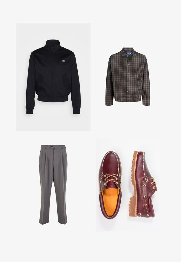 Marinblaue Jacke mit hohem Kragen, Reißverschluss vorne und zwei Seitentaschen; mit grünem Lacoste-Logo auf der Brust; aus glattem Stoff gefertigt.; Braun- und schwarzkariertes Hemd mit Button-Down-Kragen und einer Brusttasche, frontal vor einem weißen Hintergrund präsentiert.; Graue, plissierte Hose aus glattem Stoff, mit geradem Schnitt, einem Knopfverschluss und Gürtelschlaufen. Minimalistisches Design.; Bordeauxfarbene Lederschuhe mit braunen Gummisohlen, runder Zehenform, weißen Nähten und goldenen Ösen. Das Innenfutter weist eine gelbe Beschichtung auf.