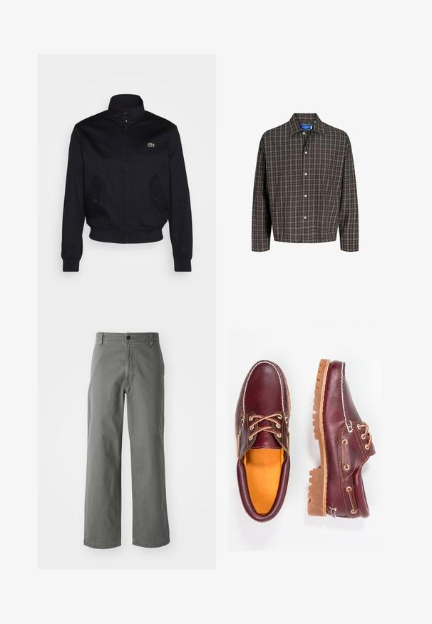 Laivasilkkinen takki, jossa on korkea kaulus, vetoketjukiinnitys ja kaksi sivutaskua; rinnan kohdalla on vihreä Lacoste-logo; valmistettu sileästä kankaasta.; Ruitupaita ruskean ja mustan sävyissä, nappikauluksella ja yhdellä rintataskulla, esillä etualalla valkoista taustaa vasten.; Harmaa puuvillahousut suoran lahkeen muotoilulla, jossa on nappisulku ja vyölenkit, sileä pinta ja ilman näkyviä kuvioita tai korostuksia.; Burgundin nahkakengät ruskeilla kumipohjilla, pyöreällä kärjellä, valkoisella ompelulla ja kultaisilla nauha-aukkoilla. Sisäpuolella on keltainen vuori.