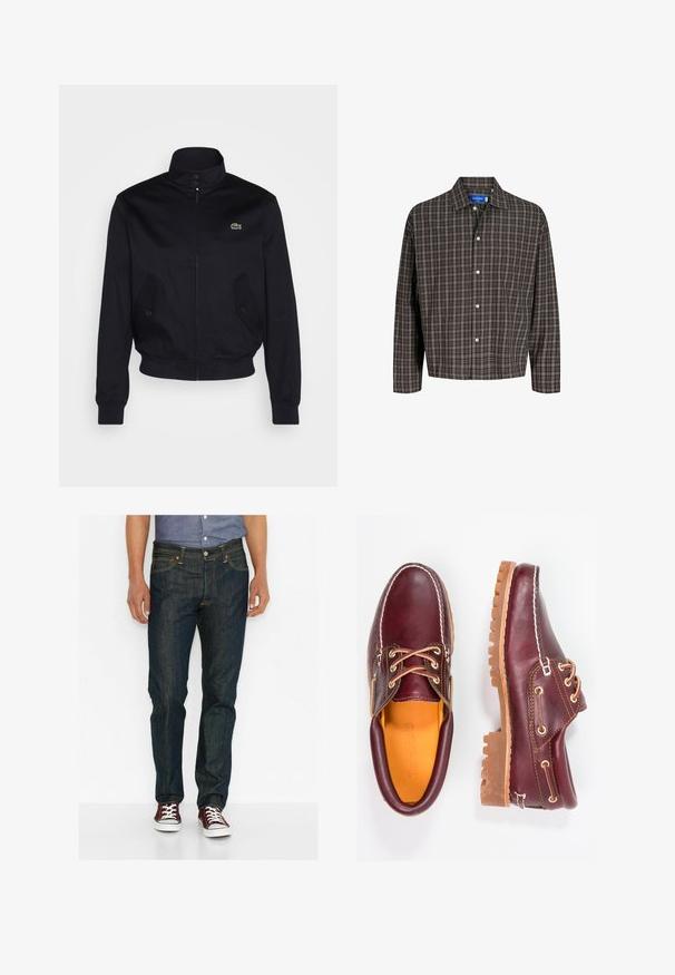 Chaqueta azul marino con cuello alto, cierre delantero y dos bolsillos laterales; presenta un logo verde de Lacoste en el pecho; está hecha de tela suave.; Camisa a cuadros marrón y negro con cuello abotonado y un solo bolsillo en el pecho, mostrada frontalmente sobre un fondo blanco.; Jeans de mezclilla azul oscuro con un corte ajustado, que cuentan con cinco bolsillos, costuras naranjas, una bragueta de botón y se llevan con zapatillas burdeos.; Zapatos de cuero burdeos con suelas de goma marrón, puntera redonda, costuras blancas y ojales dorados. El interior cuenta con un forro amarillo.
