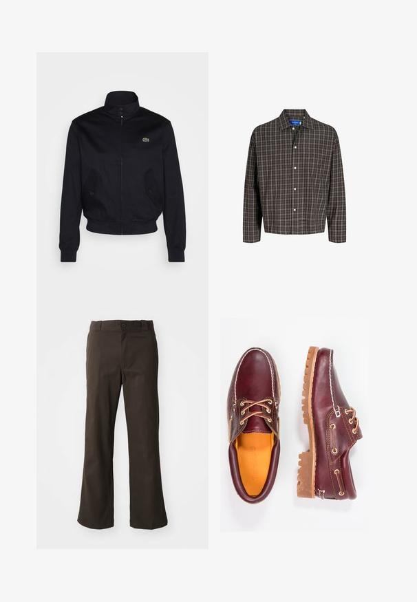 Námořnická modrá bunda s vysokým límcem, zipem vpředu a dvěma bočními kapsami; na hrudi má zelené logo Lacoste; vyrobena z hladkého materiálu.; Hnědá a černá kostkovaná košile s límečkem a jednou náprsní kapsou, vystavená čelně na bílém pozadí.; Hnědé zvonové kalhoty s hladkou texturou, se zavíráním na přední knoflík a kapsami na bocích. Jednoduchý a přímý design.; Burgundské kožené boty s hnědými gumovými podrážkami, kulatou špičkou, bílým prošíváním a zlatými očky. Interiér obsahuje žlutou podšívku.