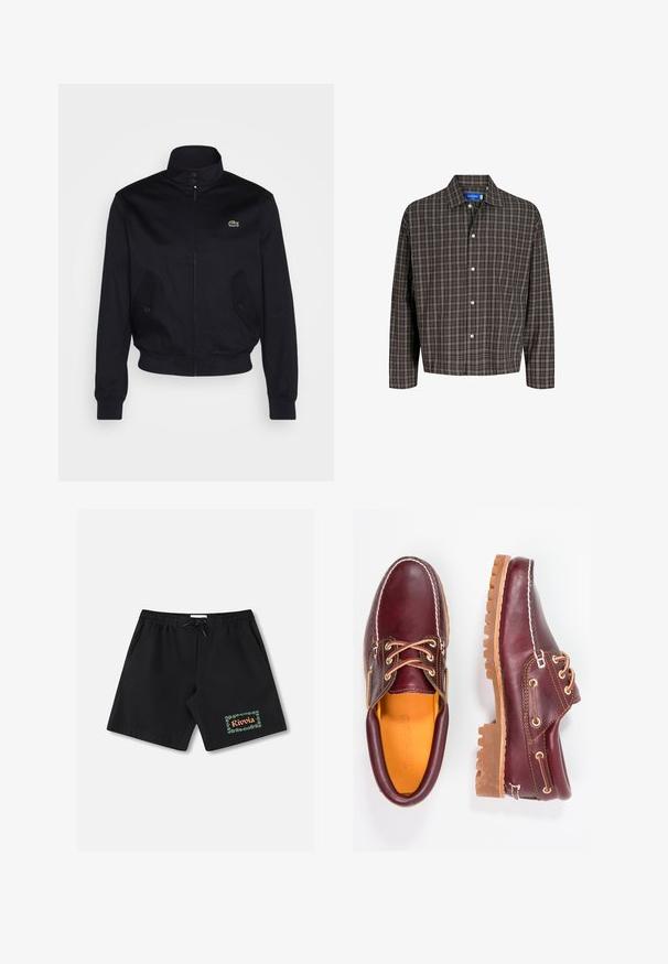 Mornarsko plava jakna s visokim ovratnikom, prednjim zatvaračem i dva bočna džepa; ima zeleni Lacoste logo na prsima; napravljena je od glatkog materijala.; Smešani smeđi i crni karirani sako s ovratnikom na dugmad i jednim džepom na prsima, prikazan sprijeda na bijeloj pozadini.; Crne kupaće hlačice s elastičnim pojasom i vezicama. Imaju zeleni cvjetni rub s natpisom „Rivolia“ na lijevoj nozi.; Burgundske kožne cipele s smešnim gumenim potplatima, okruglim vrhom, bijelim šavovima i zlatnim rupama za vezivanje. Unutrašnjost ima žutu podstavu.