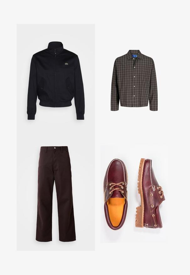Mørkeblå jakke med høj krave, lynlås foran og to sidelommer; har et grønt Lacoste-logo på brystet; lavet af glat stof.; Brun og sort plaid skjorte med knap-ned krave og en enkelt brystlomme, vist frontalt mod en hvid baggrund.; Mørkebrune brede bukser lavet af robust bomuldsstof, med frontlukning med knap og to sidelommer. Glat tekstur, klassisk design.; Bordeaux lædersko med brune gummisåler, rund tå, hvid syning og gyldne snøringer. Indersiden har et gult for.