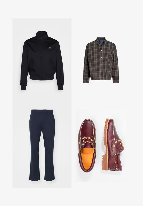 Mornarsko plava jakna s visokim ovratnikom, prednjim zatvaračem i dva bočna džepa; ima zeleni Lacoste logo na prsima; napravljena je od glatkog materijala.; Smešani smeđi i crni karirani sako s ovratnikom na dugmad i jednim džepom na prsima, prikazan sprijeda na bijeloj pozadini.; Čarape tamnoplave boje napravljene od mješavine pamuka, s ravnim krojem, standardnim pojasom sa kopčanjem na dugme i bočnim džepovima.; Burgundske kožne cipele s smešnim gumenim potplatima, okruglim vrhom, bijelim šavovima i zlatnim rupama za vezivanje. Unutrašnjost ima žutu podstavu.