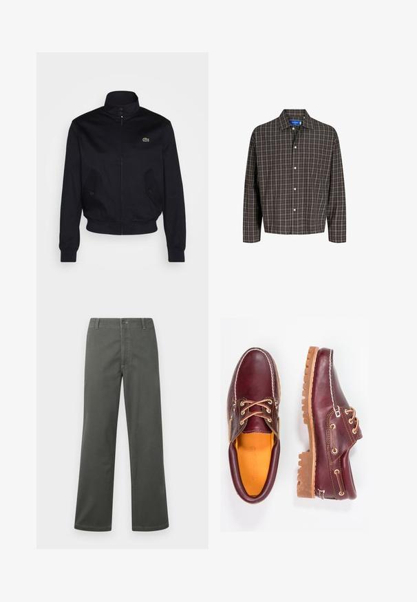 Marinblaue Jacke mit hohem Kragen, Reißverschluss vorne und zwei Seitentaschen; mit grünem Lacoste-Logo auf der Brust; aus glattem Stoff gefertigt.; Braun- und schwarzkariertes Hemd mit Button-Down-Kragen und einer Brusttasche, frontal vor einem weißen Hintergrund präsentiert.; Graue Hosen mit weitem Bein aus Baumwollmischgewebe, mit einem klassischen Fünf-Taschen-Design und einem vorderen Knopfverschluss sowie kontrastierenden Nähdetails.; Bordeauxfarbene Lederschuhe mit braunen Gummisohlen, runder Zehenform, weißen Nähten und goldenen Ösen. Das Innenfutter weist eine gelbe Beschichtung auf.