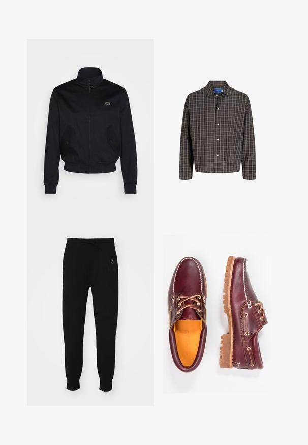 Tumši zila jaka ar augstu apkakli, ar rāvējslēdzēju priekšā un divām sānu kabatām; uz krūtīm ir zaļš Lacoste logo; izgatavota no gludas auduma.; Brūns un melns svītrainais krekls ar pogām uz apkakles un vienu krūšu kabatu, attēlots frontāli uz balta fona.; Melni kokvilnas sporta bikses ar aukliņas jostu, sašaurinātiem kājām un izšūtu logotipu kreisajā pusē. Gluda virsma.; Burgundijas krāsas ādas apavi ar brūniem gumijas zole, apaļiem purngalu, baltu šuvumu un zelta caurumiem. Iekšpusei ir dzeltena oderējums.