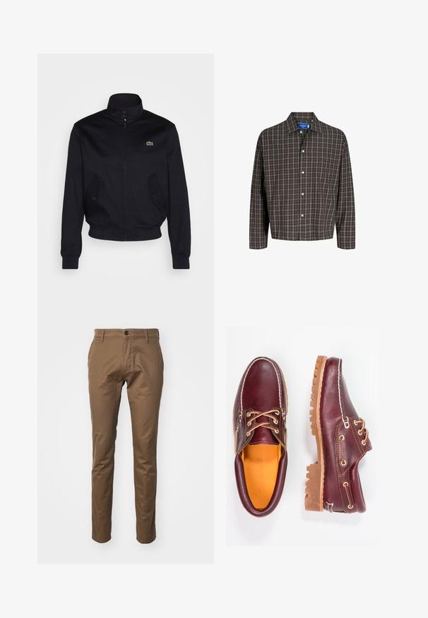 Mornarsko plava jakna s visokim ovratnikom, prednjim zatvaračem i dva bočna džepa; ima zeleni Lacoste logo na prsima; napravljena je od glatkog materijala.; Smešani smeđi i crni karirani sako s ovratnikom na dugmad i jednim džepom na prsima, prikazan sprijeda na bijeloj pozadini.; Smeđe hlače od pamuka s ravnim krojem, koje imaju kopčanje dugmetom, prednje džepove i glatku, teksturiranu površinu.; Burgundske kožne cipele s smešnim gumenim potplatima, okruglim vrhom, bijelim šavovima i zlatnim rupama za vezivanje. Unutrašnjost ima žutu podstavu.