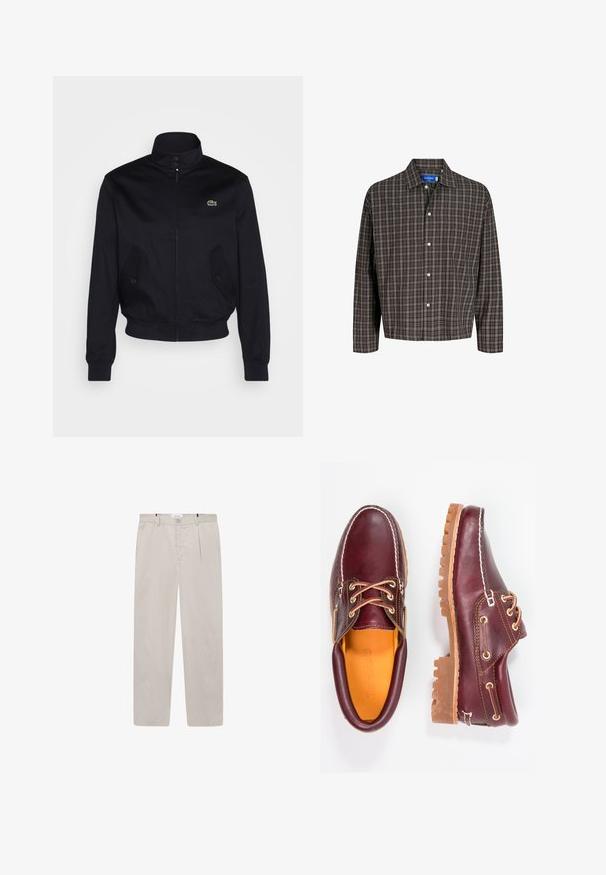 Navy blue jacket with a high collar, zip front, and two side pockets; features a green Lacoste logo on the chest; made of smooth fabric.; Brown and black plaid shirt with a button-down collar and a single chest pocket, displayed frontally against a white background.; Light beige trousers made of soft fabric, featuring a straight cut, two side pockets, and a front button closure. Lightweight and smooth texture.; Burgundy leather shoes with brown rubber soles, round toe, white stitching, and gold eyelets. Interior features a yellow lining.