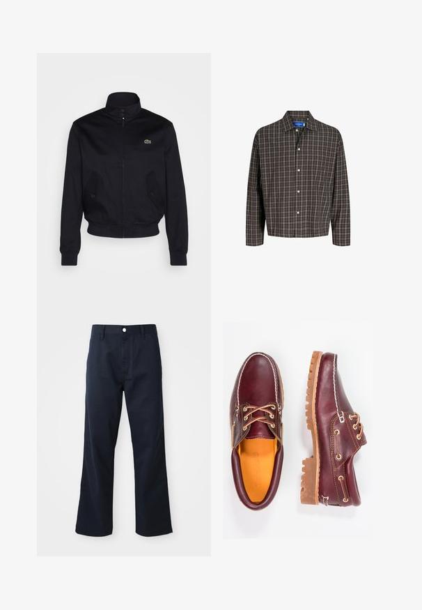 Mornarsko modra jakna z visokim ovratnikom, zadrgo spredaj in dvema stranskima žepoma; ima zeleno Lacoste logo na prsih; izdelana iz gladkega materiala.; Rjava in črna karo srajca z ovratnikom na gumb in enim žepom na prsih, prikazana spredaj na beli podlagi.; Modre bombažne hlače s ravnim krojem, ki vključujejo zadrgo, gumbasto zapiranje in sprednje žepke. Gladka tekstura in čist zaključek.; Burgundske usnjene čevlje z rjavimi gumijastimi podplati, okrogla kapica, beli šivi in zlate luknje za vezalke. Notranjost je obložena s rumeno podlogo.