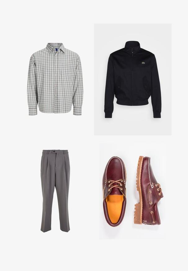 Námořnická modrá bunda s vysokým límcem, zipem vpředu a dvěma bočními kapsami; na hrudi má zelené logo Lacoste; vyrobena z hladkého materiálu.; Košile s dlouhým rukávem, která je zdobena světle modrým a hnědým kostkovaným vzorem, má náprsní kapsu a zaoblený límec. Materiál: směs bavlny.; Šedé plisé kalhoty vyrobené z hladkého materiálu, s rovnými nohavicemi, jednořadovým zapínáním na knoflík a poutky na opasek. Minimalistický design.; Burgundské kožené boty s hnědými gumovými podrážkami, kulatou špičkou, bílým prošíváním a zlatými očky. Interiér obsahuje žlutou podšívku.