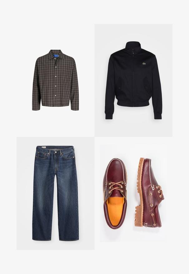 Tumši zila jaka ar augstu apkakli, ar rāvējslēdzēju priekšā un divām sānu kabatām; uz krūtīm ir zaļš Lacoste logo; izgatavota no gludas auduma.; Brūns un melns svītrainais krekls ar pogām uz apkakles un vienu krūšu kabatu, attēlots frontāli uz balta fona.; Tumši zili džinsa bikses ar taisnu kāju griezumu, piecu kabatu dizainu, metāla pogu un rāvējslēdzēju, kā arī smalku izbalējumu rakstu.; Burgundijas krāsas ādas apavi ar brūniem gumijas zole, apaļiem purngalu, baltu šuvumu un zelta caurumiem. Iekšpusei ir dzeltena oderējums.