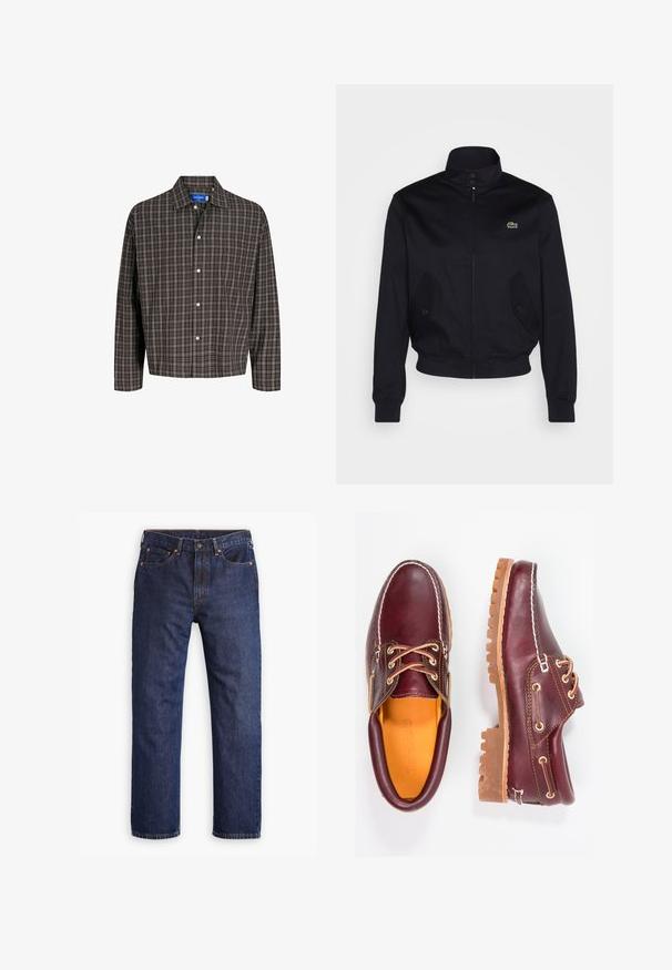 Veste bleu marine avec un col haut, fermeture éclair sur le devant et deux poches latérales ; présente un logo Lacoste vert sur la poitrine ; fabriquée en tissu lisse.; Chemise à carreaux marron et noir avec un col boutonné et une poche poitrine unique, présentée de face sur un fond blanc.; Jeans en denim droit bleu foncé avec bouton frontal, fermeture à glissière, cinq poches et détails en rivets cuivrés.; Chaussures en cuir bourgogne avec semelles en caoutchouc marron, bout rond, couture blanche et œillets dorés. L'intérieur présente une doublure jaune.