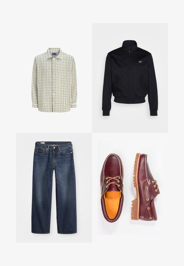 Marinblaue Jacke mit hohem Kragen, Reißverschluss vorne und zwei Seitentaschen; mit grünem Lacoste-Logo auf der Brust; aus glattem Stoff gefertigt.; Button-up-Hemd in Creme mit einem schwarzen Karomuster. Hergestellt aus leichtem Stoff, mit einem Kragen und langen Ärmeln.; Dunkelblaue Jeans aus Denim mit geradem Bein, fünf Taschen-Design, Metallknopf und Reißverschluss, sowie subtilen Auswaschungen.; Bordeauxfarbene Lederschuhe mit braunen Gummisohlen, runder Zehenform, weißen Nähten und goldenen Ösen. Das Innenfutter weist eine gelbe Beschichtung auf.