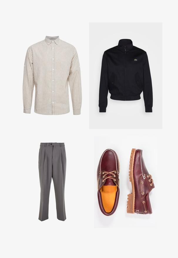 Veste bleu marine avec un col haut, fermeture éclair sur le devant et deux poches latérales ; présente un logo Lacoste vert sur la poitrine ; fabriquée en tissu lisse.; Chemise à manches longues beige et blanche rayée avec un col à boutons, dotée de boutons sur le devant et de poignets ajustables. Fabriquée en tissu léger.; Pantalons plissés gris en tissu lisse, avec une coupe droite, une fermeture à un bouton et des passants de ceinture. Design minimaliste.; Chaussures en cuir bourgogne avec semelles en caoutchouc marron, bout rond, couture blanche et œillets dorés. L'intérieur présente une doublure jaune.