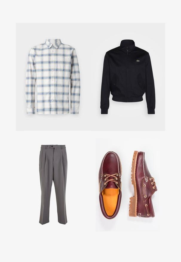 Tengerészkék dzseki magas gallérral, cipzáras elülső résszel és két oldalzsebbel; a mellkason zöld Lacoste logó található; sima anyagból készült.; GAP STANDARD  - Ing - grey blue; Fehér pamut ujjatlan trikók, kerek nyakkivágással, sima textúrával, puha, könnyű anyagból. Két darab kiemelve.; Sima anyagból készült szürke pliszírozott nadrág, egyenes szabással, egygombos záródással és övhurkokkal. Minimalista dizájn.; Bordó bőr cipő barna gumitalppal, kerek orral, fehér varrással és arany fűzőlyukakkal. A belső tér sárga béléssel rendelkezik.