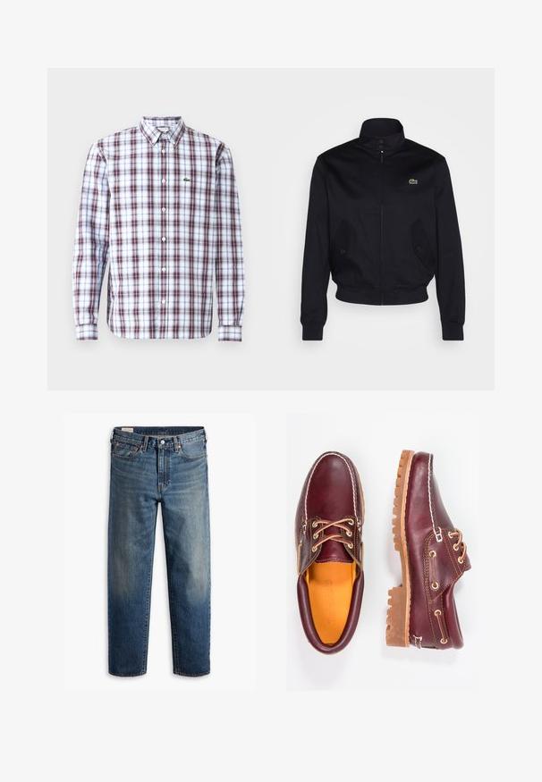 Giacca blu navale con colletto alto, chiusura con zip e due tasche laterali; presenta un logo verde Lacoste sul petto; realizzata in tessuto liscio.; Camicia a maniche lunghe con bottoni, caratterizzata da un motivo a quadri rosso, blu e bianco, realizzata in tessuto leggero, con un piccolo logo verde sul petto.; Jeans in denim blu scuro con vestibilità comoda, gambe dritte, design a cinque tasche e leggera scoloritura sulle cosce. Bottone e rivetti argentati.; Scarpe in pelle bordeaux con suole in gomma marrone, punta rotonda, cuciture bianche e occhielli dorati. L'interno presenta un rivestimento giallo.