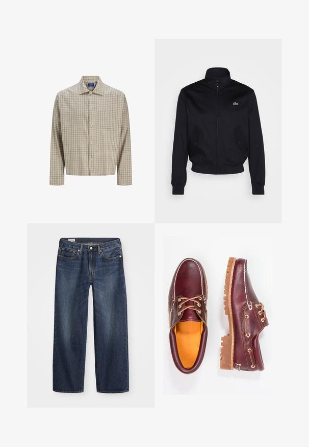 Tamsiai mėlynas švarkas su aukštu apykakle, užtrauktuku priekyje ir dviem šoninėmis kišenėmis; krūtinėje matomas žalias Lacoste logotipas; pagamintas iš lygios medžiagos.; Šviesiai ruda ir ruda languota marškiniai su smailiu coloru, ilgomis rankovėmis, viena krūtinės kišene ir laisvu siluetu. Pagaminta iš audinio.; Tamsiai mėlynos džinsinės kelnės su tiesiu kirpimu, penkių kišenių dizainu, metaliniu mygtuku ir užtrauktuku, bei subtiliais šviesinimo raštais.; Burgundi odiniai bateliai su rudais guminiais padais, apvaliu pirštu, balta siūle ir auksiniais inkarais. Interjere yra geltonas pamušalas.