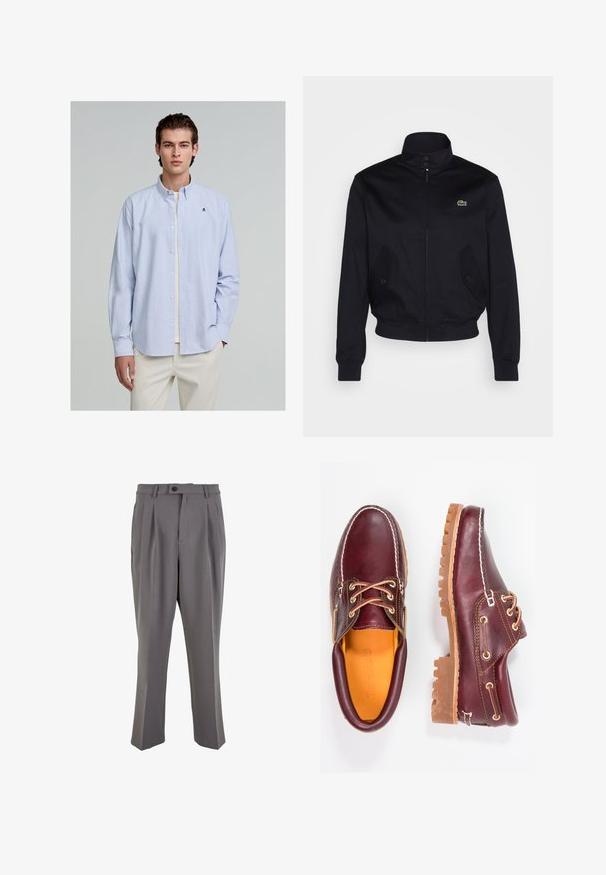 Mørkeblå jakke med høj krave, lynlås foran og to sidelommer; har et grønt Lacoste-logo på brystet; lavet af glat stof.; Lysblå og hvid stribet button-up skjorte med lange ærmer; har en krave og et lille broderet logo på brystet.; Grå plisserede bukser lavet af glat stof, med lige snit, en enkelt knaplukning og bæltestropper. Minimalistisk design.; Bordeaux lædersko med brune gummisåler, rund tå, hvid syning og gyldne snøringer. Indersiden har et gult for.