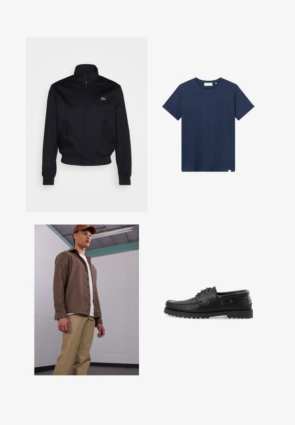 Mornarsko plava jakna s visokim ovratnikom, prednjim zatvaračem i dva bočna džepa; ima zeleni Lacoste logo na prsima; napravljena je od glatkog materijala.; Tamno plava pamučna majica s okruglim izrezom, kratkim rukavima i malim izvezenim logom na lijevoj strani prsiju. Glatka tekstura.; Smešani smeđi košulja na kockice s dugim rukavima, uparena s bež hlačama, nosi se preko bijelog majice. Model stoji u jednostavnom unutarnjem okruženju.; Crne kožne čamčarske cipele s teksturiranom površinom, dizajnom s vezicama, gumenim potplatom s potporom i metalnim rupicama sa strane.