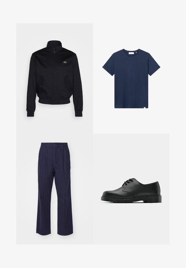 Tumši zila jaka ar augstu apkakli, ar rāvējslēdzēju priekšā un divām sānu kabatām; uz krūtīm ir zaļš Lacoste logo; izgatavota no gludas auduma.; Tumši zila kokvilnas T-kreklu ar apaļu izgriezumu, īsām piedurknēm un mazu izšūtu logo kreisajā krūtī. Gluda tekstūra.; Tumši zili, plaša kāju bikses ar vertikālām svītrām, kurām ir viens pogas aizdare un priekšējās krokas, kas piešķir papildu tekstūru un dizainu.; Melnas ādas oksfordas kurpes ar auklošanas dizainu, noapaļota purngala, plakana gumijas zole un smalka šuvumu detaļa augšējā daļā.