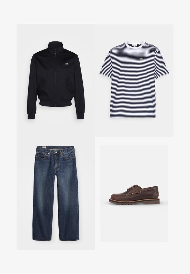 Marinblaue Jacke mit hohem Kragen, Reißverschluss vorne und zwei Seitentaschen; mit grünem Lacoste-Logo auf der Brust; aus glattem Stoff gefertigt.; Gestreiftes Baumwoll-T-Shirt in Marineblau und Weiß mit Rundhalsausschnitt und kurzen Ärmeln. Mit einem kleinen grünen Krokodil-Logo auf der Brust.; Dunkelblaue Jeans aus Denim mit geradem Bein, fünf Taschen-Design, Metallknopf und Reißverschluss, sowie subtilen Auswaschungen.; Braune Lederbootsschuh mit runder Zehenform, sechs Ösen, kontrastierenden Nähten und einer strukturierten Gummisohle.