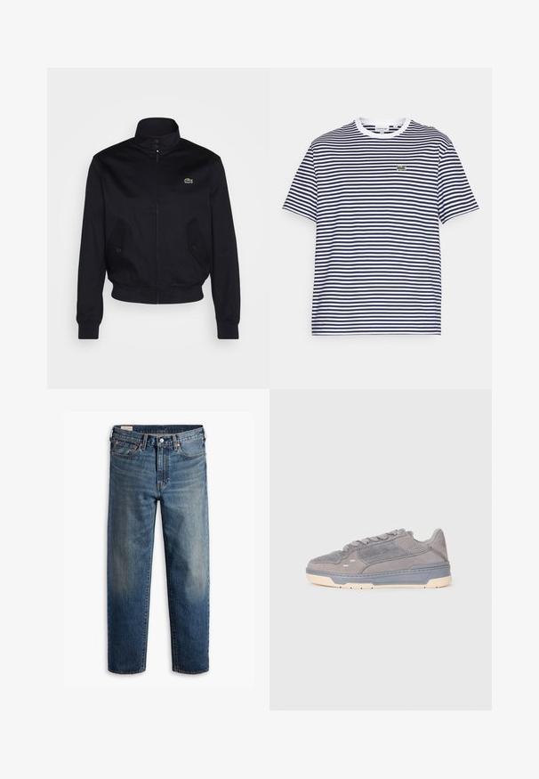 Laivasilkkinen takki, jossa on korkea kaulus, vetoketjukiinnitys ja kaksi sivutaskua; rinnan kohdalla on vihreä Lacoste-logo; valmistettu sileästä kankaasta.; Navy ja valge triibuline puuvillane t-särk ümmarguse kaeluse ja lühikeste varrukatega. Ees on väike roheline krokodilli logo.; Siniset suoralahkeiset farkut, joissa on klassinen viiden taskun muotoilu, nappisulku ja hienovarainen haalistuminen reisiä ja polvia myöten.; Harmaa mokkanahka sneaker, jossa on rei'itettyjä yksityiskohtia, paksu harmaa välikappale, kermaista kumista tehty pohja ja nauhakiinnitys, esitetty sivuprofiilista valkoista taustaa vasten.