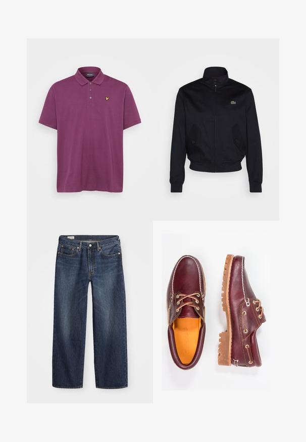 Tumši zila jaka ar augstu apkakli, ar rāvējslēdzēju priekšā un divām sānu kabatām; uz krūtīm ir zaļš Lacoste logo; izgatavota no gludas auduma.; Violeta kokvilnas maisījuma polo krekls ar klasisku apkakli, trīs pogu aizdari un mazu dzeltenu logotipu kreisajā krūtīs.; Tumši zili džinsa bikses ar taisnu kāju griezumu, piecu kabatu dizainu, metāla pogu un rāvējslēdzēju, kā arī smalku izbalējumu rakstu.; Burgundijas krāsas ādas apavi ar brūniem gumijas zole, apaļiem purngalu, baltu šuvumu un zelta caurumiem. Iekšpusei ir dzeltena oderējums.