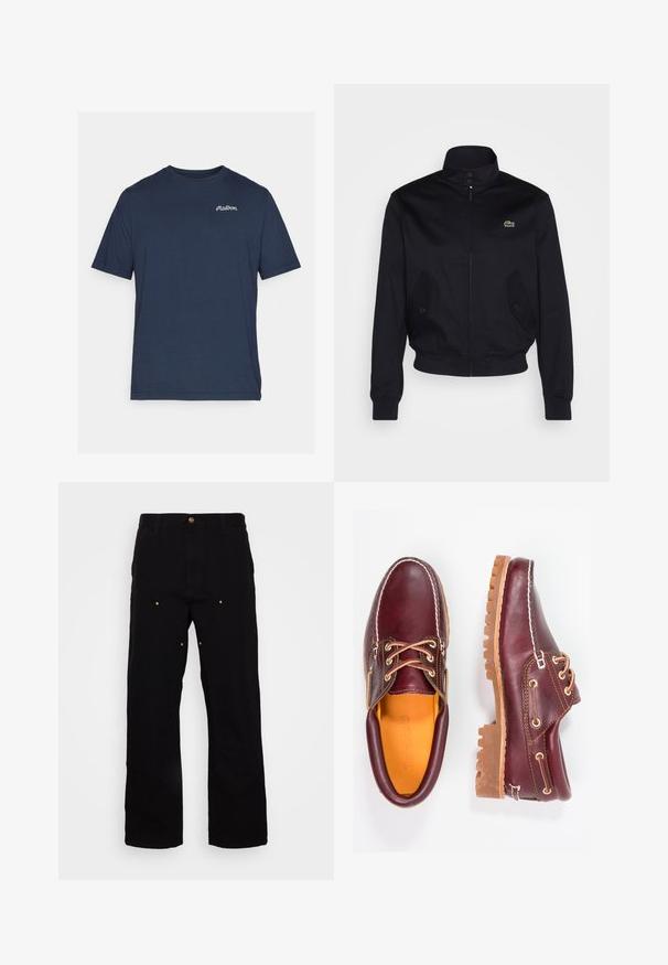 Mørkeblå jakke med høj krave, lynlås foran og to sidelommer; har et grønt Lacoste-logo på brystet; lavet af glat stof.; Mørkeblå bomulds T-shirt med korte ærmer. Har et lille hvidt broderet logo på venstre brystområde. Rund halsudskæring.; Sorte denimbukser med lige ben, udstyret med guld hardware-detaljer og synlige syninger på for- og baglommer.; Bordeaux lædersko med brune gummisåler, rund tå, hvid syning og gyldne snøringer. Indersiden har et gult for.