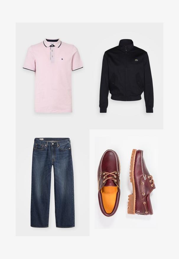 Giacca blu navale con colletto alto, chiusura con zip e due tasche laterali; presenta un logo verde Lacoste sul petto; realizzata in tessuto liscio.; Polo shirt rosa chiaro in cotone, con patta a tre bottoni, colletto e maniche bordati in blu navy, e un piccolo logo ricamato.; Jeans in denim blu scuro con taglio dritto, design a cinque tasche, bottone metallico e chiusura con zip, e leggere sfumature.; Scarpe in pelle bordeaux con suole in gomma marrone, punta rotonda, cuciture bianche e occhielli dorati. L'interno presenta un rivestimento giallo.