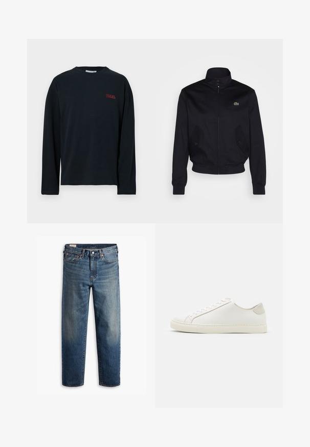 Navyblauwe jas met een hoge kraag, rits aan de voorkant en twee zijzakken; heeft een groen Lacoste-logo op de borst; gemaakt van een gladde stof.; Zwarte langemouwen t-shirt gemaakt van zacht materiaal, met een klein rood logo op de linkerborst, ronde hals en rechte zoom.; Blauwe rechte denim jeans met een klassieke vijf-pocket design, knoopsluiting en subtiele vervaging op de dijen en knieën.; Witte leren sneaker met een gladde oppervlakte, ronde neus en minimalistisch ontwerp. Heeft beige accenten op de hiel en een rubberen zool.