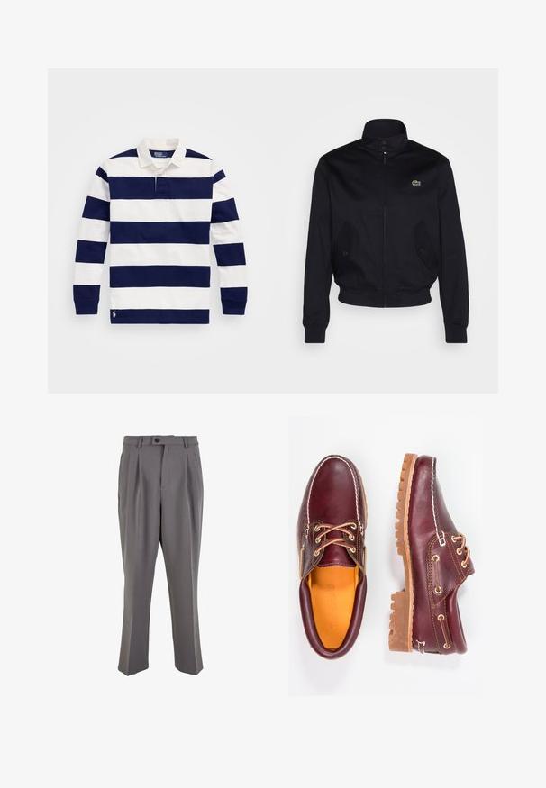 Mornarsko modra jakna z visokim ovratnikom, zadrgo spredaj in dvema stranskima žepoma; ima zeleno Lacoste logo na prsih; izdelana iz gladkega materiala.; Polo majica s dugimi rukavi v mornarsko modri in beli črti, z klasičnim ovratnikom, trojnim gumbom in vezenim logotipom na robu.; Sive plisirane hlače iz gladkega materiala, s pravim krojem, enim gumbom za zapiranje in zankami za pas. Minimalističen dizajn.; Burgundske usnjene čevlje z rjavimi gumijastimi podplati, okrogla kapica, beli šivi in zlate luknje za vezalke. Notranjost je obložena s rumeno podlogo.