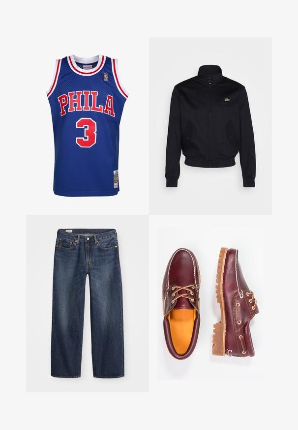 Marinblaue Jacke mit hohem Kragen, Reißverschluss vorne und zwei Seitentaschen; mit grünem Lacoste-Logo auf der Brust; aus glattem Stoff gefertigt.; Mitchell & Ness NBA PHILADELPHIA 76ERS - ALLEN IVERSON  - NBA-Trikot - royal; Dunkelblaue Jeans aus Denim mit geradem Bein, fünf Taschen-Design, Metallknopf und Reißverschluss, sowie subtilen Auswaschungen.; Bordeauxfarbene Lederschuhe mit braunen Gummisohlen, runder Zehenform, weißen Nähten und goldenen Ösen. Das Innenfutter weist eine gelbe Beschichtung auf.