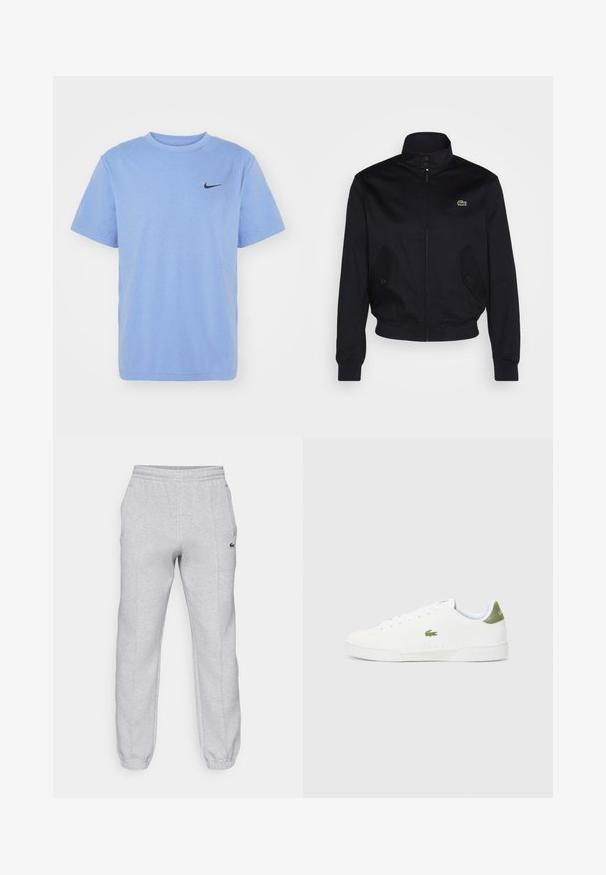 Mørkeblå jakke med høy krage, glidelås foran og to sidelommer; har en grønn Lacoste-logo på brystet; laget av glatt stoff.; Nike Performance HYVERSE - T-skjorte til trening - royal pulse/black; Lacoste Joggebukse - silver chine; Hvite joggesko med en glatt tekstur, med en grønn detalj på hælen og en liten brodert krokodillelogo på siden.