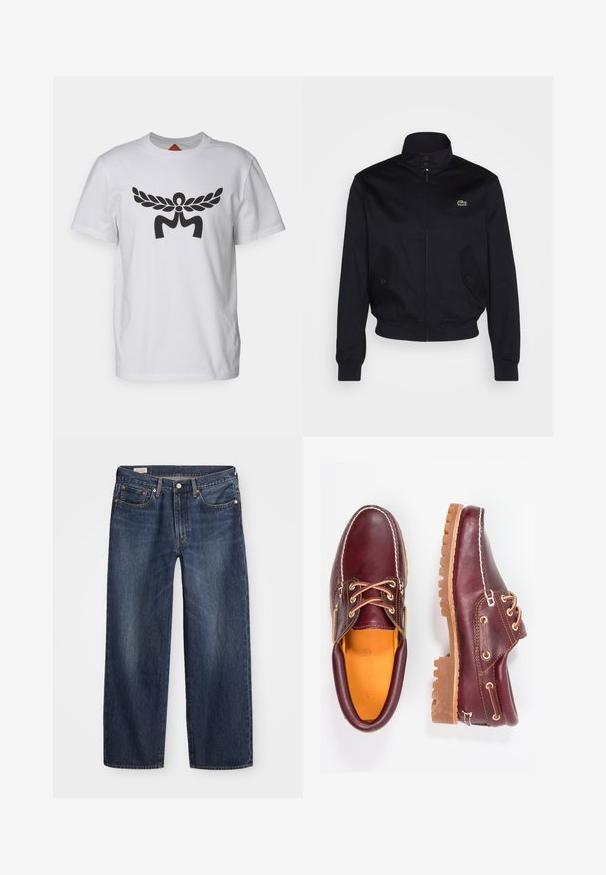 Mørkeblå jakke med høj krave, lynlås foran og to sidelommer; har et grønt Lacoste-logo på brystet; lavet af glat stof.; Hvid bomulds t-shirt med et stort sort grafisk design i midten, der ligner vinger og et stiliseret bogstav "M". Korte ærmer, rund hals.; Mørkeblå denim jeans med lige ben, fem-lomme design, metalknap og lynlåsgylf samt subtile slidmærker.; Bordeaux lædersko med brune gummisåler, rund tå, hvid syning og gyldne snøringer. Indersiden har et gult for.