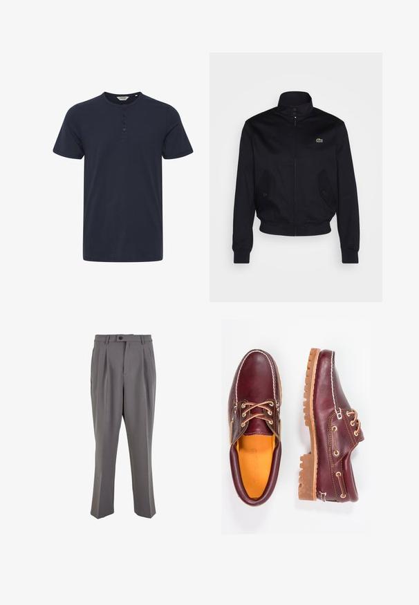 Navyblauwe jas met een hoge kraag, rits aan de voorkant en twee zijzakken; heeft een groen Lacoste-logo op de borst; gemaakt van een gladde stof.; Navyblauwe korte mouwen T-shirt van katoen, met een ronde hals en een drieknoopsluiting. Gladde textuur zonder patronen.; Grijze geplooide broek van gladde stof, met een rechte snit, een enkele knoopsluiting en riemlussen. Minimalistisch ontwerp.; Bordeaux leren schoenen met bruine rubberen zolen, ronde neus, witte stiksels en gouden veterogen. Het interieur heeft een gele voering.