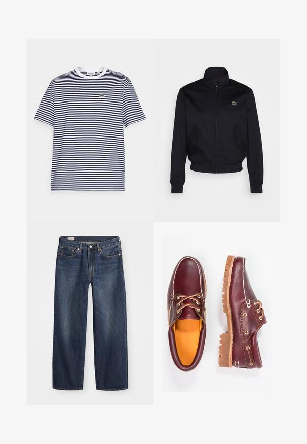 Marinblå jacka med hög krage, dragkedja fram och två sidofickor; har en grön Lacoste-logga på bröstet; tillverkad av ett slätt material.; Marinblå och vit randig bomullströja med rund hals och korta ärmar. Har en liten grön krokodil-logotyp på bröstet.; Mörkblå denimjeans med rak benform, femfickorsdesign, metallknapp och dragkedja, samt subtila slitningar.; Burgundy läderskor med bruna gummisulor, rund tå, vit söm och gyllene öljetter. Inredningen har en gul foder.