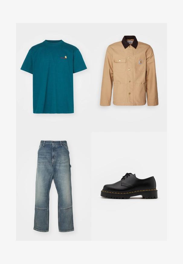 Valkoinen työtakki, joka on valmistettu kestävästä kankaasta, jossa on tumma ruskea samettikaulus, nappikiinnitys ja neljä etutaskua kultaisilla napeilla.; Teal-cotton t-paita, jossa on pyöreä kaula-aukko. Vasemman rinnan ylle on asetettu pieni oranssi ja punainen logo. Lyhyt hiha ja rento istuvuus.; Vaaleansiniset farkut, joissa on rento leikkaus, valmistettu denimistä. Ominaisuuksiin kuuluvat leveät lahkeet, suuret etutaskut ja kontrastivärinen ompelu.; Musta nahkainen nauhakenkä, jossa on pyöreä kärki, kuvioitu kumipohja ja keltaiset tikit ympäri pohjaa. Litteä muotoilu ja sileä pinta.