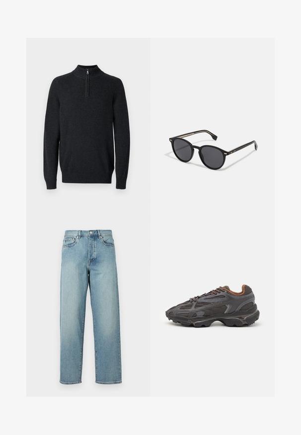 Zelena zimska jakna s kapuco, z vodoravnimi šivi, sprednjim zadrgo in majhnim vezenim logotipom na prsih.; Temno siva dolgi rokav pulover z visokim rebrastim ovratnikom in pol zadrgo. Ima rebraste manšete in spodnji rob za prileganje. Mehka tekstura.; Svetlo modri jeans z ohlapnim krojem, ravnimi hlačnicami, petimi žepi in gumbom za zapiranje pri pasu. Minimalistični detajli šivanja.; Lacoste teniske v temno sivi barvi z mrežasto in sintetično prevleko, s teksturiranim podplatom in rjavimi detajli na ovratniku ter blagovni znamki.; BOSS Sončna očala - black