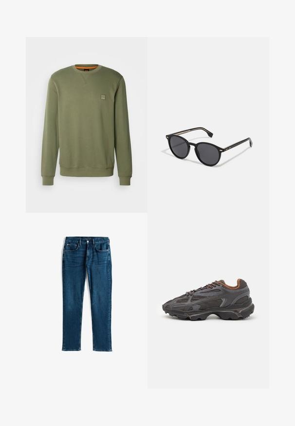 Chaqueta verde acolchada con capucha, con costuras horizontales acolchadas, un cierre delantero y un pequeño logotipo bordado en el pecho.; BOSS WESTART - Sudadera - open green; Jeans de mezclilla azul oscuro, diseño de pierna recta, estilo de cinco bolsillos, con un ligero desgastado y costuras en contraste, cierre con botón metálico y cremallera.; Zapatillas Lacoste en gris oscuro con material de malla y sintético, que cuentan con una suela texturizada y detalles en marrón en el cuello y la marca.; BOSS Gafas de sol - black
