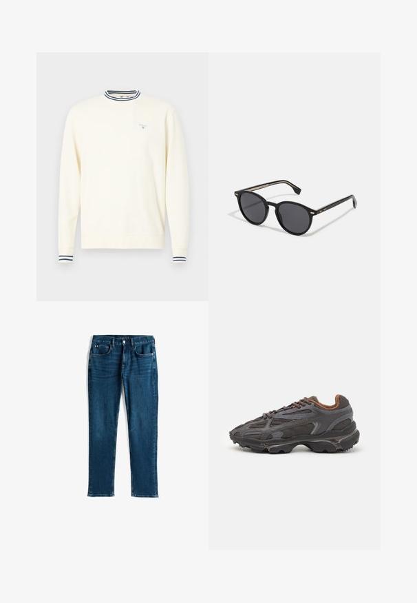 Green padded jacket with a hood, featuring horizontal quilted stitching, a front zipper, and a small embroidered logo on the chest.; Cream-colored sweatshirt with long sleeves, striped navy and white ribbed collar and cuffs, featuring a small blue logo on the chest.; Dark blue denim jeans, straight leg design, five-pocket style, with subtle whiskering and contrast stitching, metallic button and zipper closure.; Lacoste sneakers in dark gray with mesh and synthetic material, featuring a textured sole and brown accents on the collar and branding.; BOSS Sunglasses - black