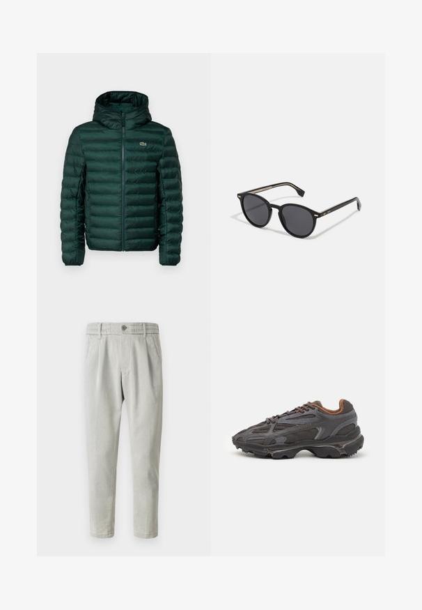Veste rembourrée verte avec capuche, présentant des coutures matelassées horizontales, une fermeture éclair à l'avant et un petit logo brodé sur la poitrine.; T-shirt en coton rouge à manches courtes, col rond, et un petit logo sur la poitrine gauche. Texture lisse et coupe régulière.; DRYKORN CHASY - Chino - ecru; Baskets Lacoste en gris foncé, en matériau mesh et synthétique, avec une semelle texturée et des accents marron sur le col et le branding.; BOSS Lunettes de soleil - black