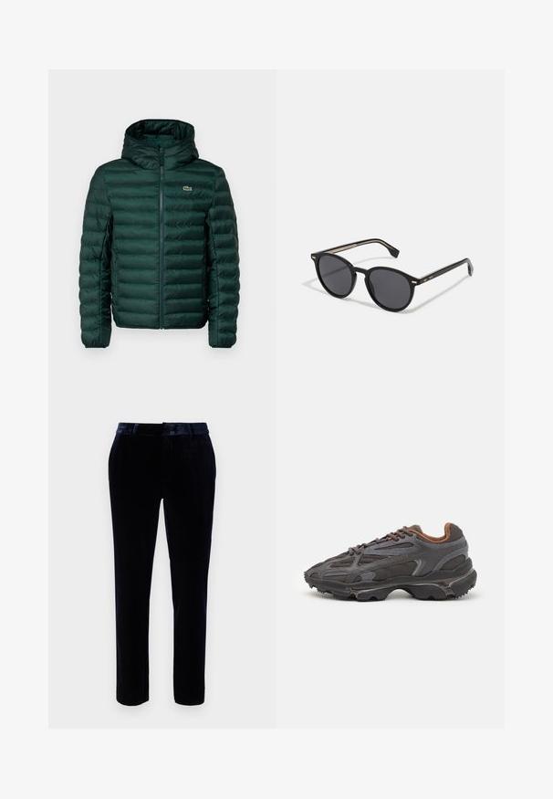Zelená polstrovaná bunda s kapucí, s horizontálně prošívaným vzorem, předním zipem a malým vyšitým logem na prsou.; Červené bavlněné tričko s krátkým rukávem, kulatým výstřihem a malým logem na levé hrudi. Hladká textura a běžný střih.; Tmavě modré sametové kalhoty s plochým předním dílem, poutky na opasek a slim-fit střihem. Hladká textura a jemný lesk zlepšují vzhled.; Sněrovací boty Lacoste v tmavě šedé barvě s síťovinou a syntetickým materiálem, prezentující texturovanou podrážku a hnědé detaily na límci a logu.; BOSS Sluneční brýle - black