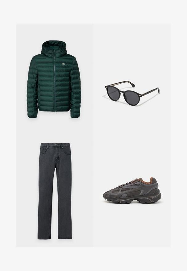 Zelena zimska jakna s kapuco, z vodoravnimi šivi, sprednjim zadrgo in majhnim vezenim logotipom na prsih.; Rdeča bombažna majica s kratkimi rokavi, krožnim ovratnikom in majhnim logotipom na levem prsnem košu. Gladka tekstura in običajna prileganje.; Temno sivi jeans z ravnim krojem, ki imajo pet žepov, zapiranje na gumb in subtilne šive.; Lacoste teniske v temno sivi barvi z mrežasto in sintetično prevleko, s teksturiranim podplatom in rjavimi detajli na ovratniku ter blagovni znamki.; BOSS Sončna očala - black