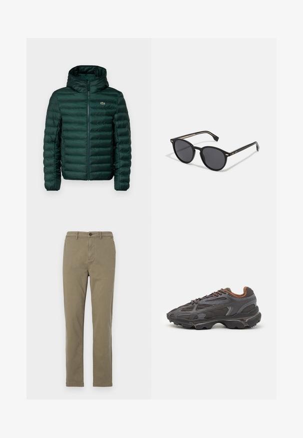Veste rembourrée verte avec capuche, présentant des coutures matelassées horizontales, une fermeture éclair à l'avant et un petit logo brodé sur la poitrine.; T-shirt en coton rouge à manches courtes, col rond, et un petit logo sur la poitrine gauche. Texture lisse et coupe régulière.; Chinos en coton vert olive avec une coupe droite, fermeture à bouton sur le devant et poches latérales. Texture lisse et minimalisme dans les détails.; Baskets Lacoste en gris foncé, en matériau mesh et synthétique, avec une semelle texturée et des accents marron sur le col et le branding.; BOSS Lunettes de soleil - black