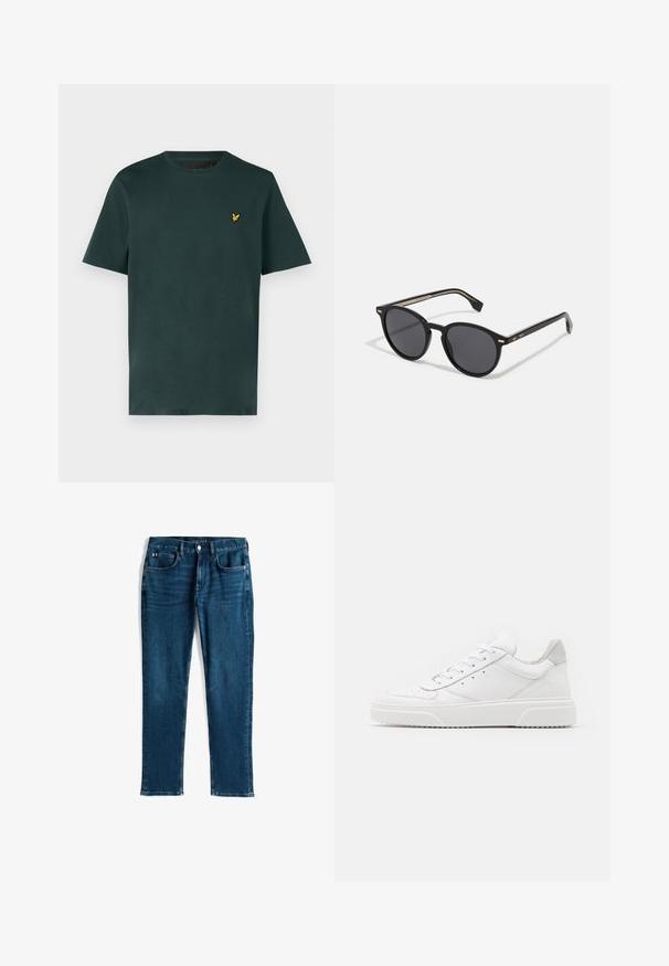 Green padded jacket with a hood, featuring horizontal quilted stitching, a front zipper, and a small embroidered logo on the chest.; Lyle & Scott Basic T-shirt - argyle teal; Dark blue denim jeans, straight leg design, five-pocket style, with subtle whiskering and contrast stitching, metallic button and zipper closure.; White leather sneakers with a smooth finish, rounded toe, flat laces, and a textured sole. Grey suede accent at the heel.; BOSS Sunglasses - black