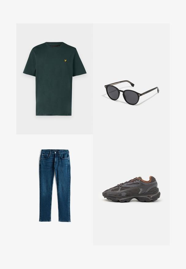 Grön vadderad jacka med huva, med horisontellt quiltat sömnad, dragkedja framtill och en liten broderad logotyp på bröstet.; Lyle & Scott T-shirt - bas - argyle teal; Mörkblå denimjeans, rak bendesign, femficksmodell, med subtila slitningar och kontrasterande sömmar, metallknapp och dragkedjestängning.; Lacoste-sneakers i mörkgrått med nät och syntetmaterial, med en strukturerad sula och bruna detaljer på kragen och varumärket.; BOSS Solglasögon - black