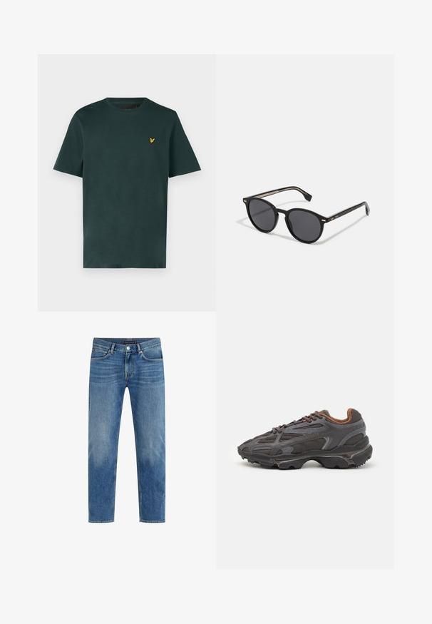 Grøn polstret jakke med hætte, der har vandret quiltede syninger, en frontlynlås og et lille broderet logo på brystet.; Lyle & Scott T-shirts basic - argyle teal; Lysblå denimjeans med lige ben, falmet vask, fem-lomme design, kontraststikning og lukning med knap foran.; Lacoste sneakers i mørkegrå med mesh og syntetisk materiale, udstyret med en tekstureret sål og brune accenter på kraven og brandingen.; BOSS Solbriller - black