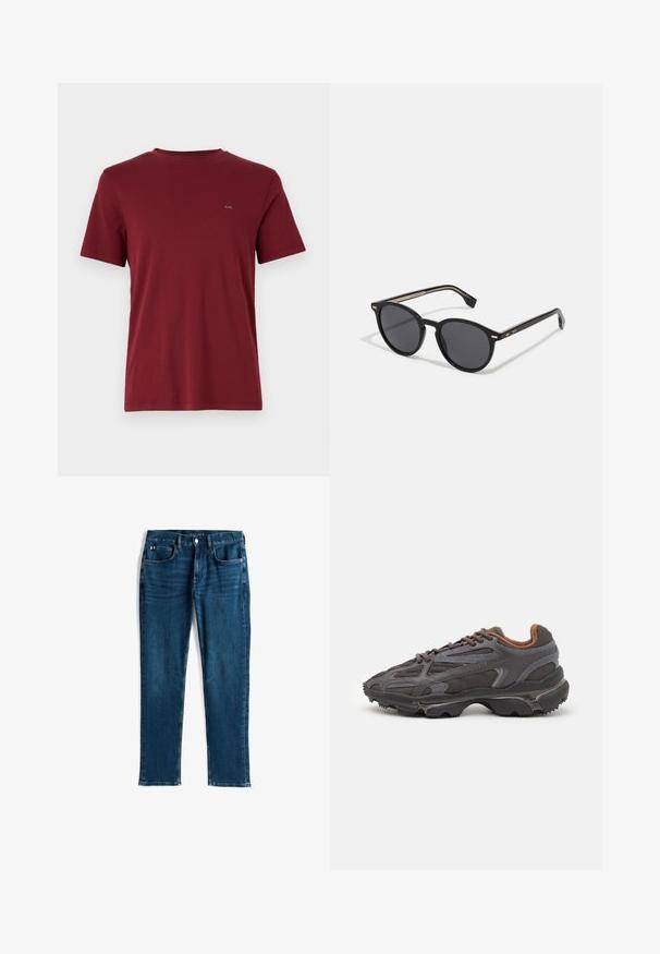 Žalias kamufliažinis pufferis su gobtuvu, su horizontaliai siuvinėtomis siūlėmis, priekyje turi užtrauktuką ir mažą siuvinėtą logotipą ant krūtinės.; Bordo spalvos crew-neck T-shirt, pagaminta iš lygaus medvilnės audinio. Trumpi rankoviai, įprastas kirpimas, su mažu logotipu krūtinėje.; Tamsiai mėlynos džinsinės kelnės, tiesios kojos dizainas, penkių kišenių stilius, su subtiliu šviesinimu ir kontrastingu siuvimu, metaliniu užsegimu ir užtrauktuku.; Lacoste sportbačiai tamsiai pilki, pagaminti iš tinklinės ir sintetinių medžiagų, su tekstūruotu padu ir rudomis detalėmis ant apykaklės bei prekės ženklo.; BOSS Akiniai nuo saulės - black