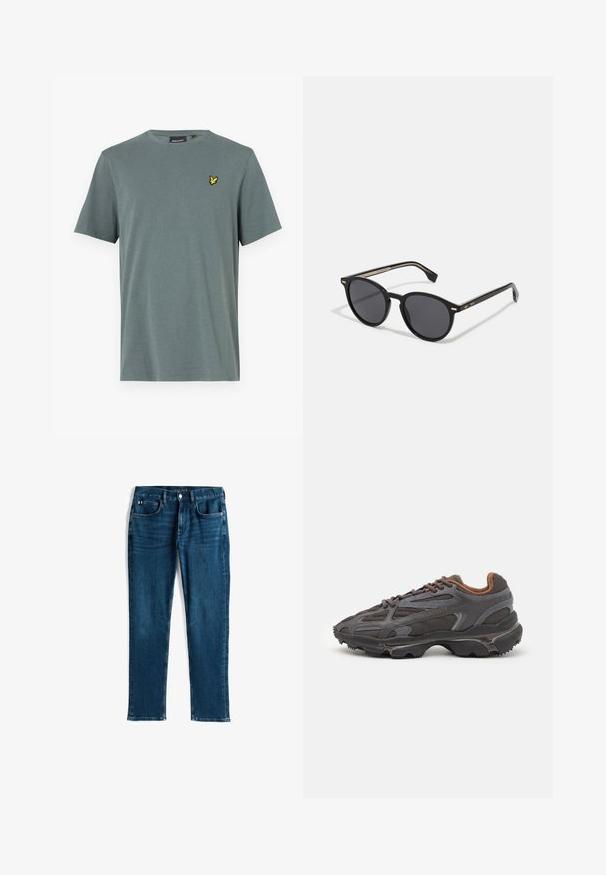 Green padded jacket with a hood, featuring horizontal quilted stitching, a front zipper, and a small embroidered logo on the chest.; Gray short-sleeve t-shirt made of soft fabric featuring a yellow embroidered logo on the left chest. Round neckline with a standard fit.; Dark blue denim jeans, straight leg design, five-pocket style, with subtle whiskering and contrast stitching, metallic button and zipper closure.; Lacoste sneakers in dark gray with mesh and synthetic material, featuring a textured sole and brown accents on the collar and branding.; BOSS Sunglasses - black