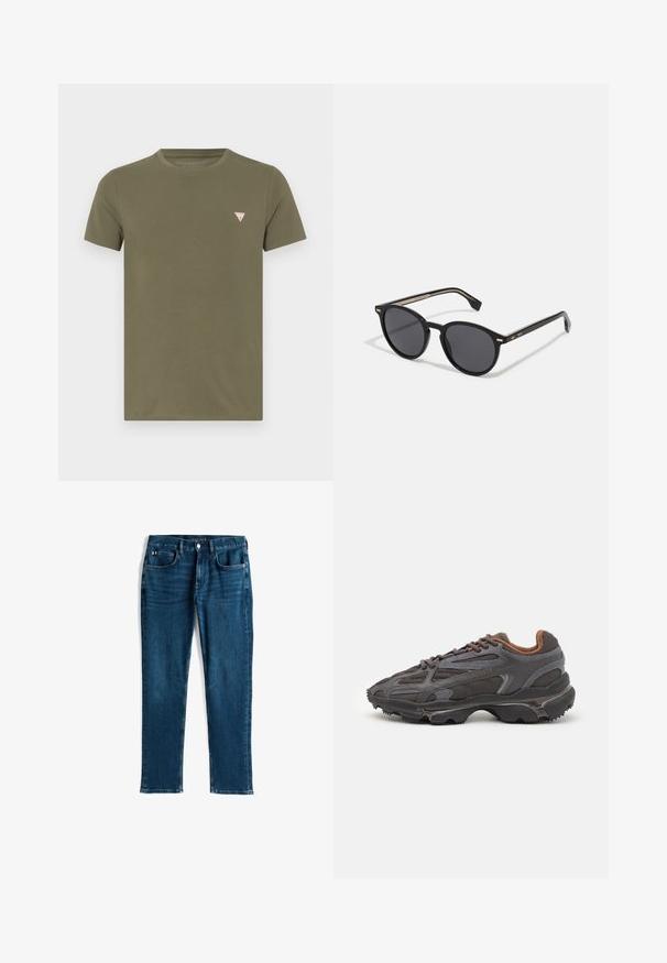 Jachetă verde căptușită cu glugă, având cusături orizontale quilted, un fermoar frontal și un mic logo brodat pe piept.; Tricou scurt cu mânecă, de culoare verde măsliniu, realizat din bumbac, având un mic logo triunghiular în roșu și alb în zona din stânga a pieptului.; Jeans din denim albastru închis, design drept, stil cu cinci buzunare, cu ușoare semne de uzură și cusături în contrast, închidere cu buton metalic și fermoar.; Adidași Lacoste de culoare gri închis, din material mesh și sintetic, cu o talpă texturată și accente maronii pe guler și branding.; BOSS Ochelari de soare - black