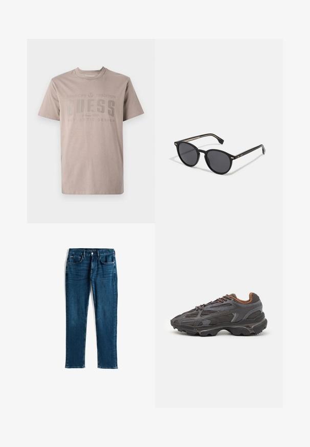 Zelena podstavljena jakna s kapuljačom, s horizontalnim kviltanim šavovima, prednjim patentnim zatvaračem i malim izvezenim logotipom na prsima.; Svijetlosmeđa majica od pamuka, s okruglim izrezom, kratkim rukavima i tiskanim dizajnom s imenom brenda "GUESS" u tamnosivoj boji.; Tamno plave traperice, ravnog kroja, pet džepova, s blagom patinom i kontrastnim šavovima, metalni gumb i zatvarač.; Lacoste tenisice u tamno sivoj boji s mrežastim i sintetičkim materijalom, s teksturiranom potplatom i smešnim akcentima na ovratniku i brandiranju.; BOSS Sunčane naočale - black